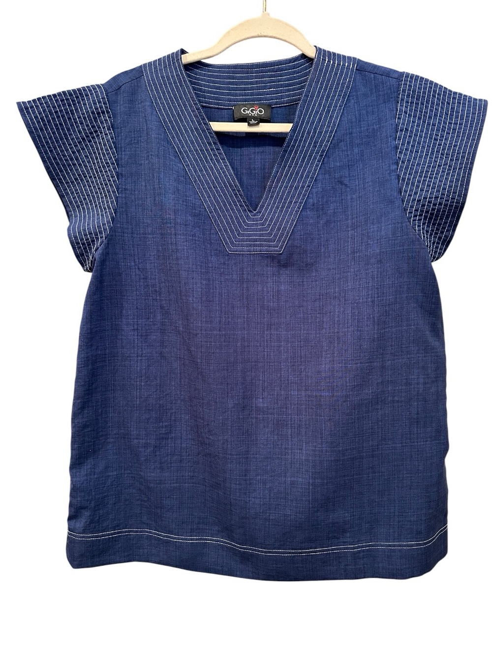 Gigio Blue Blue V-Neck Flutter Sleeve Blouse Top Lightweight Neutral USA MADE L